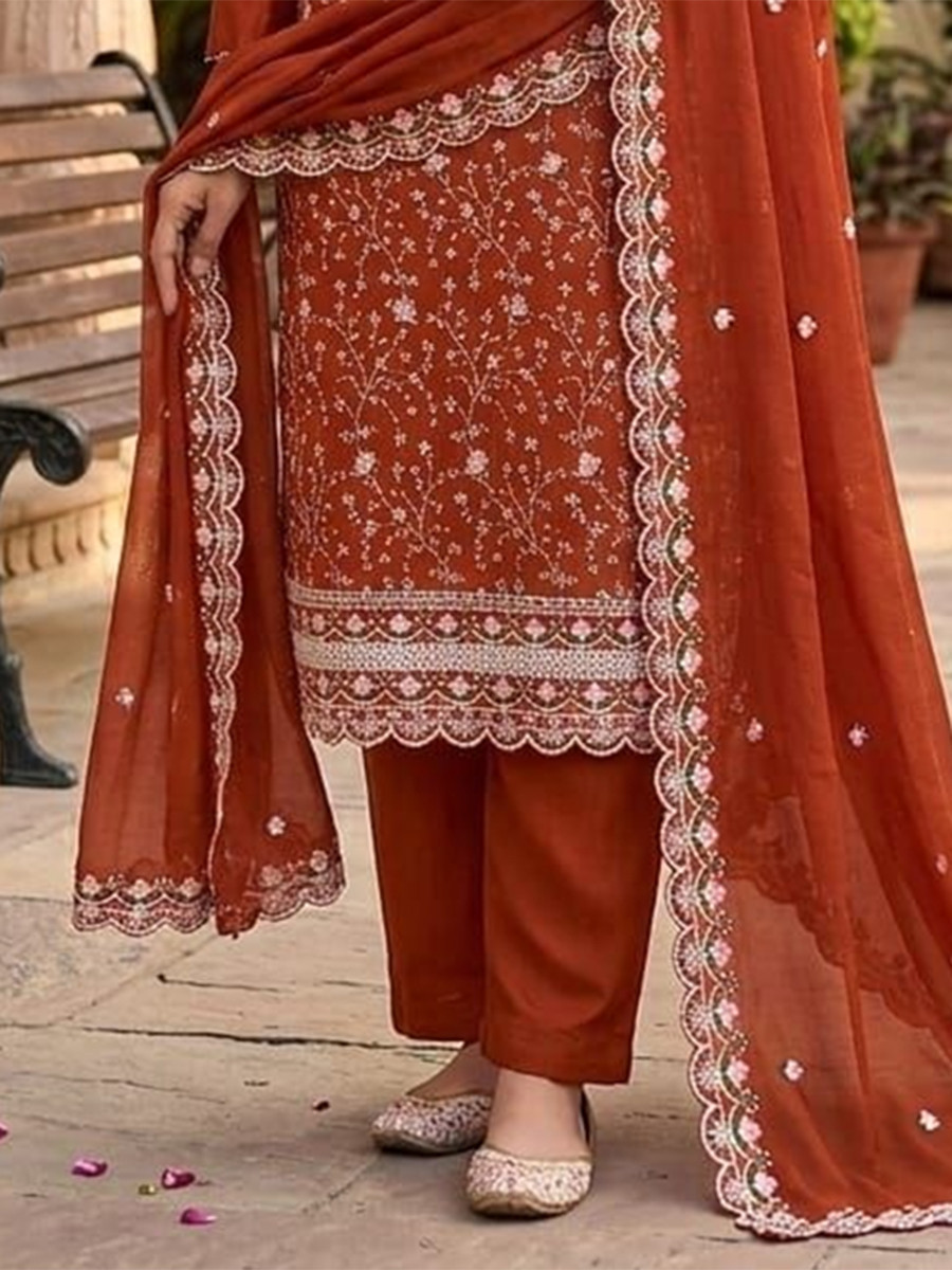 Rust Vichitra Silk Embroidery Wedding Party Festival Casual Pant Salwar Kameez