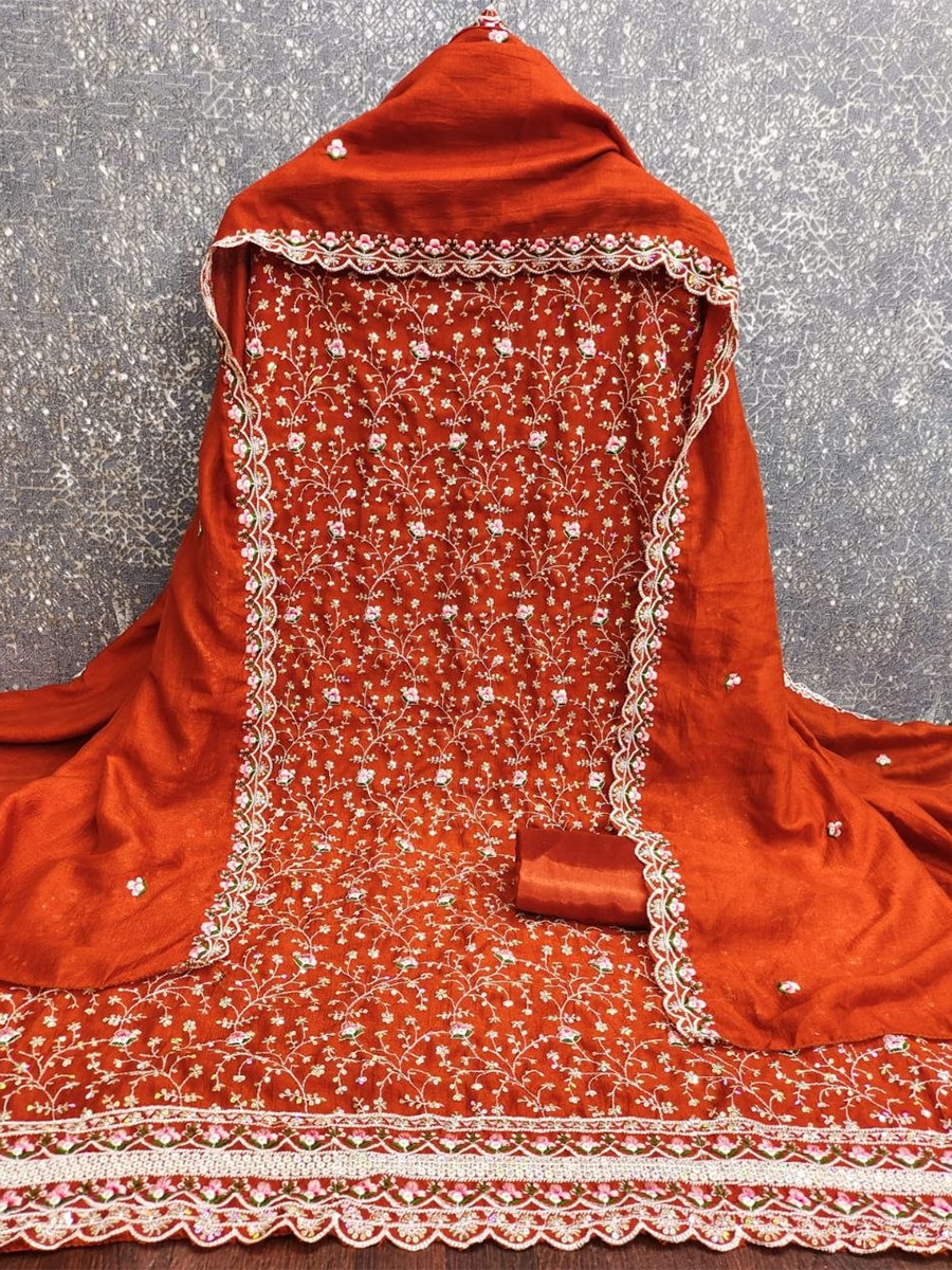 Rust Vichitra Silk Embroidery Wedding Party Festival Casual Pant Salwar Kameez