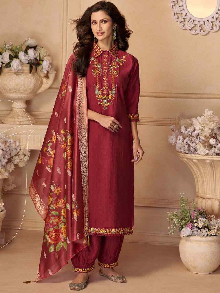 Rust Viscose Embroidered Festival Mehendi Ready Afghani Pant Salwar Kameez