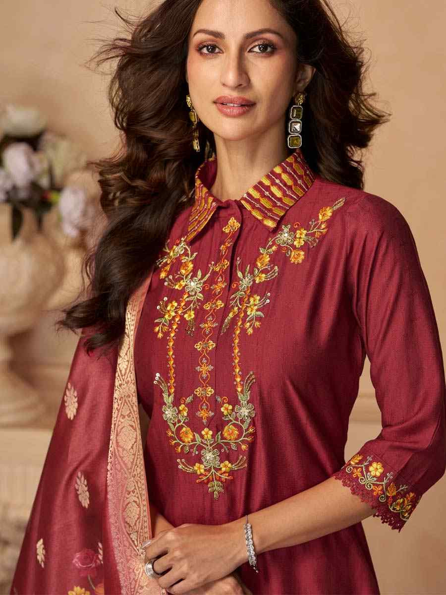 Rust Viscose Embroidered Festival Mehendi Ready Afghani Pant Salwar Kameez