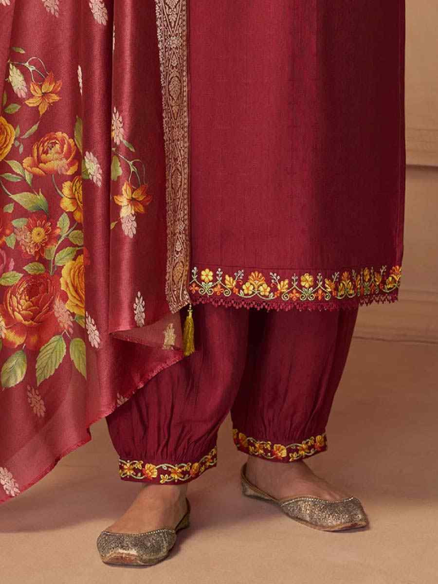Rust Viscose Embroidered Festival Mehendi Ready Afghani Pant Salwar Kameez