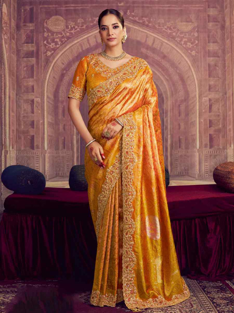 Image of Saffron Gold Kanjivaram Pure Zari Silk Embroidery Festival Wedding Fancy Classic Heavy Border Saree
