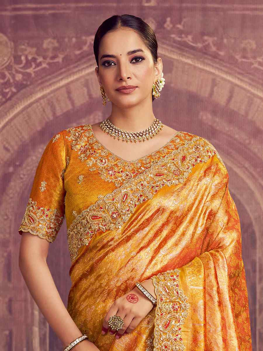 Saffron Gold Kanjivaram Pure Zari Silk Embroidery Festival Wedding Fancy Classic Heavy Border Saree