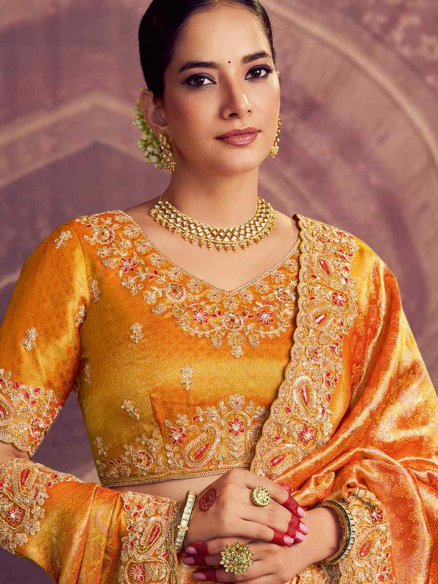 Saffron Gold Kanjivaram Pure Zari Silk Embroidery Festival Wedding Fancy Classic Heavy Border Saree