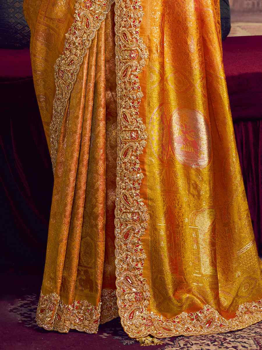 Saffron Gold Kanjivaram Pure Zari Silk Embroidery Festival Wedding Fancy Classic Heavy Border Saree