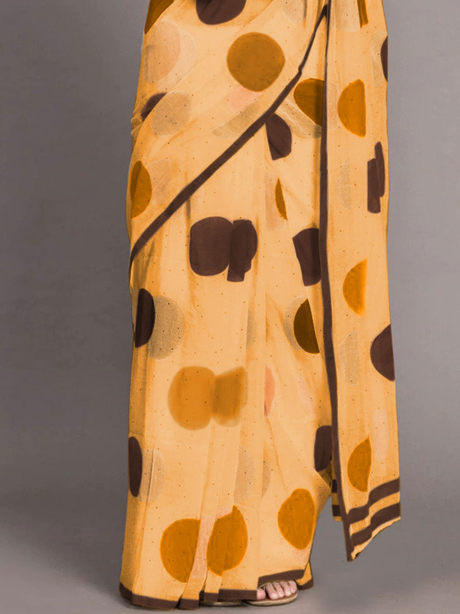 Saffron Yellow Chenderi and Linen Casual Printed Saree