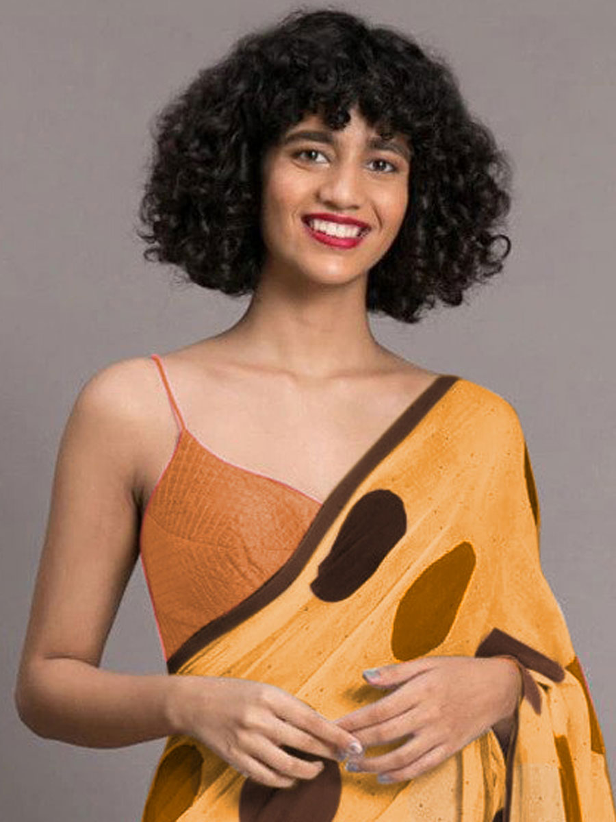 Saffron Yellow Chenderi and Linen Casual Printed Saree