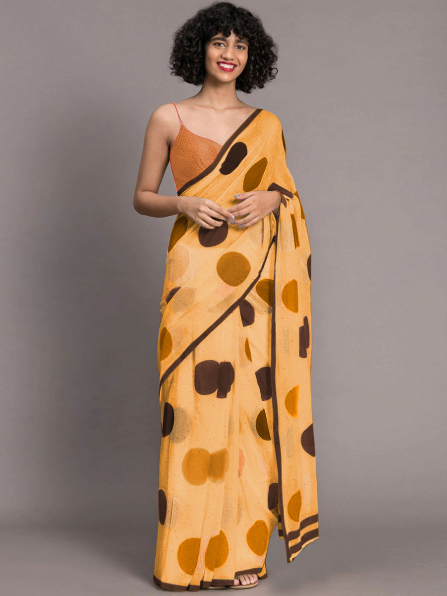 Saffron Yellow Chenderi and Linen Casual Printed Saree