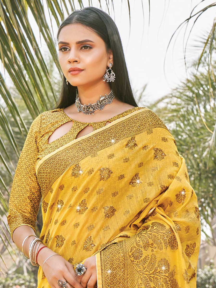 Saffron Yellow Cotton Handwoven Party Saree