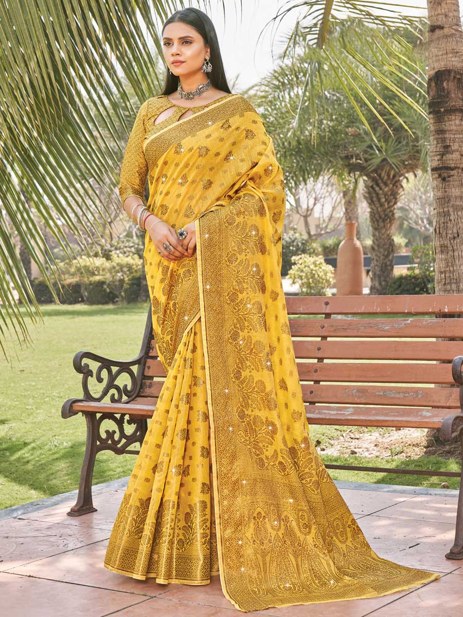 Saffron Yellow Cotton Handwoven Party Saree