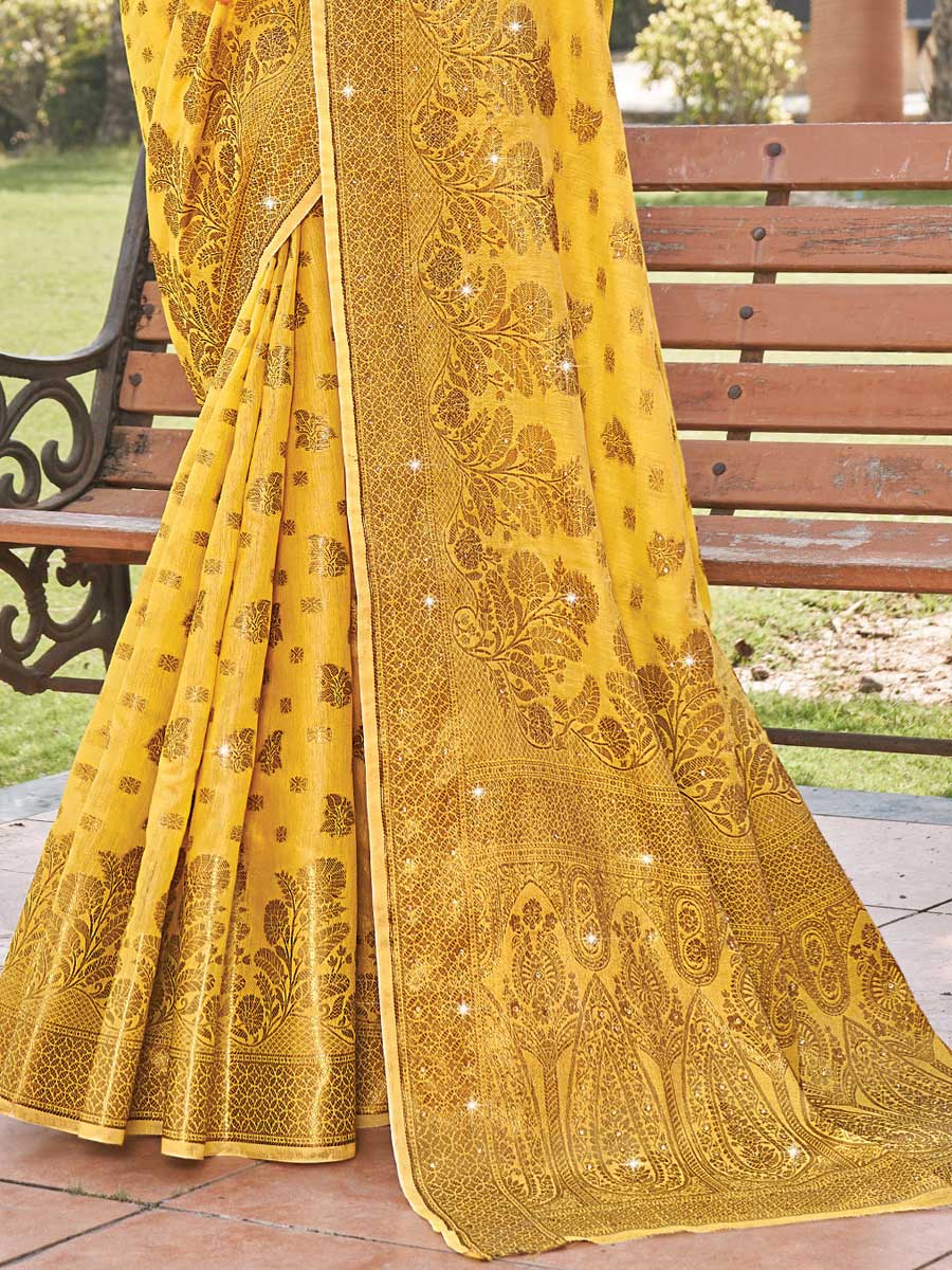 Saffron Yellow Cotton Handwoven Party Saree
