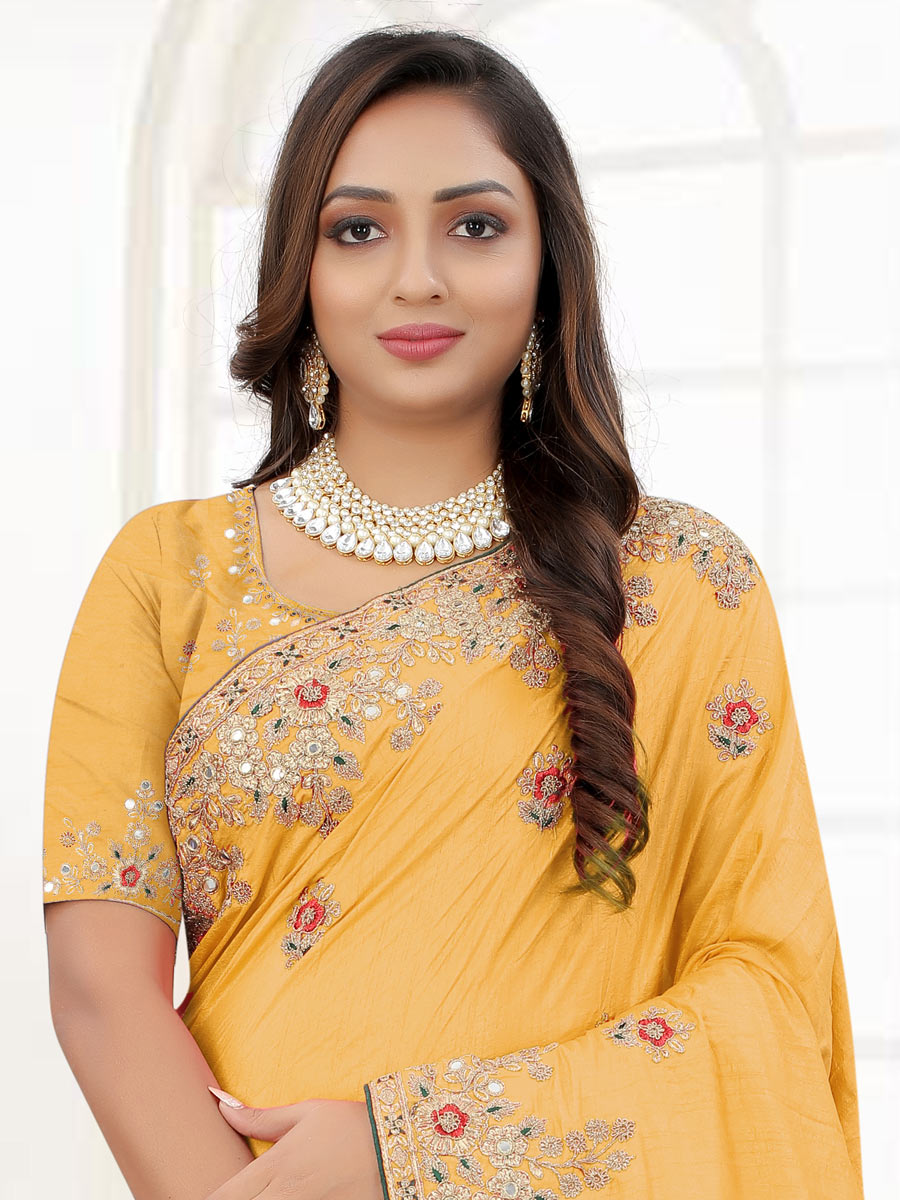 Saffron Yellow Dola Silk Embroidered Party Saree