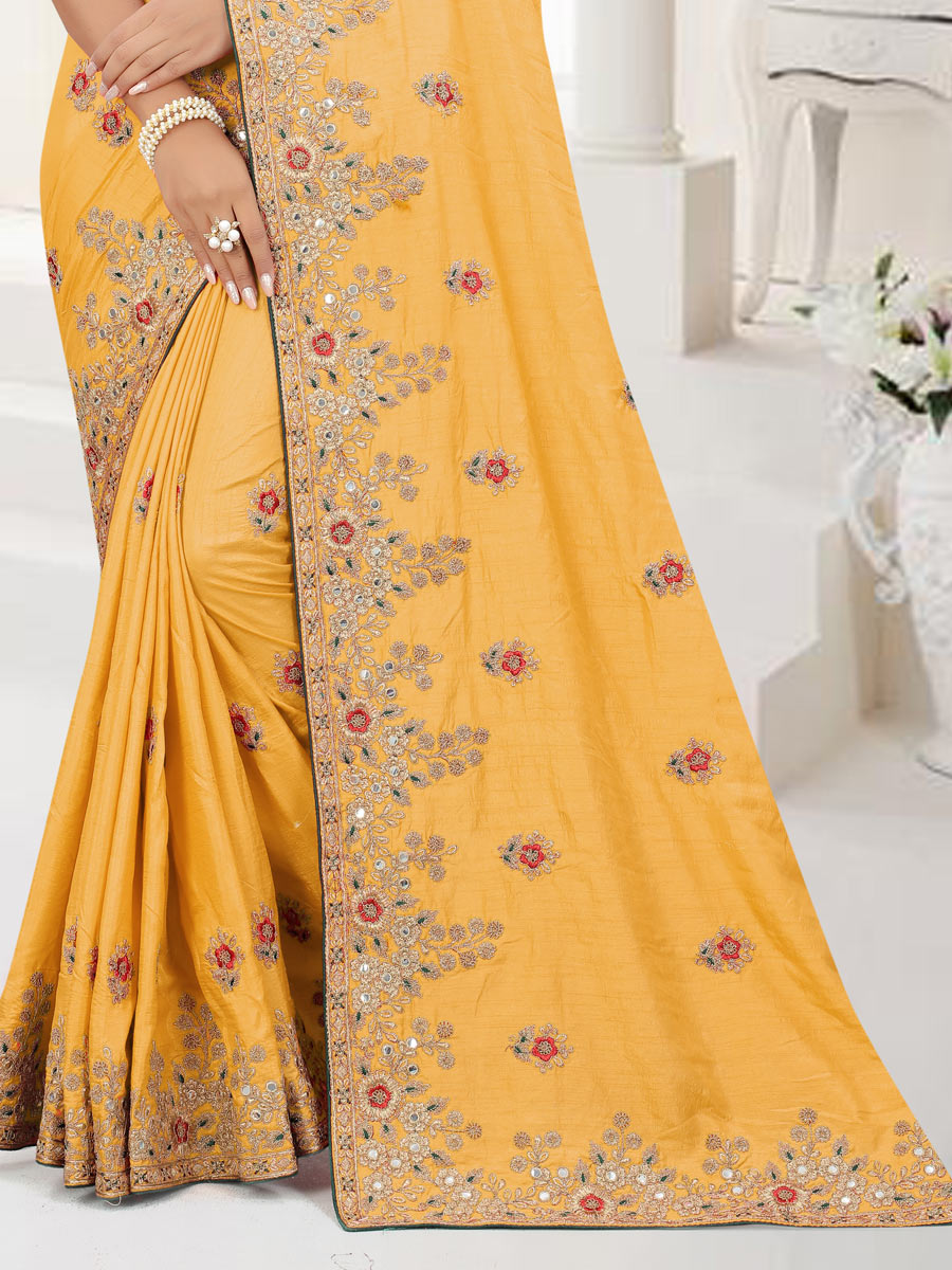 Saffron Yellow Dola Silk Embroidered Party Saree