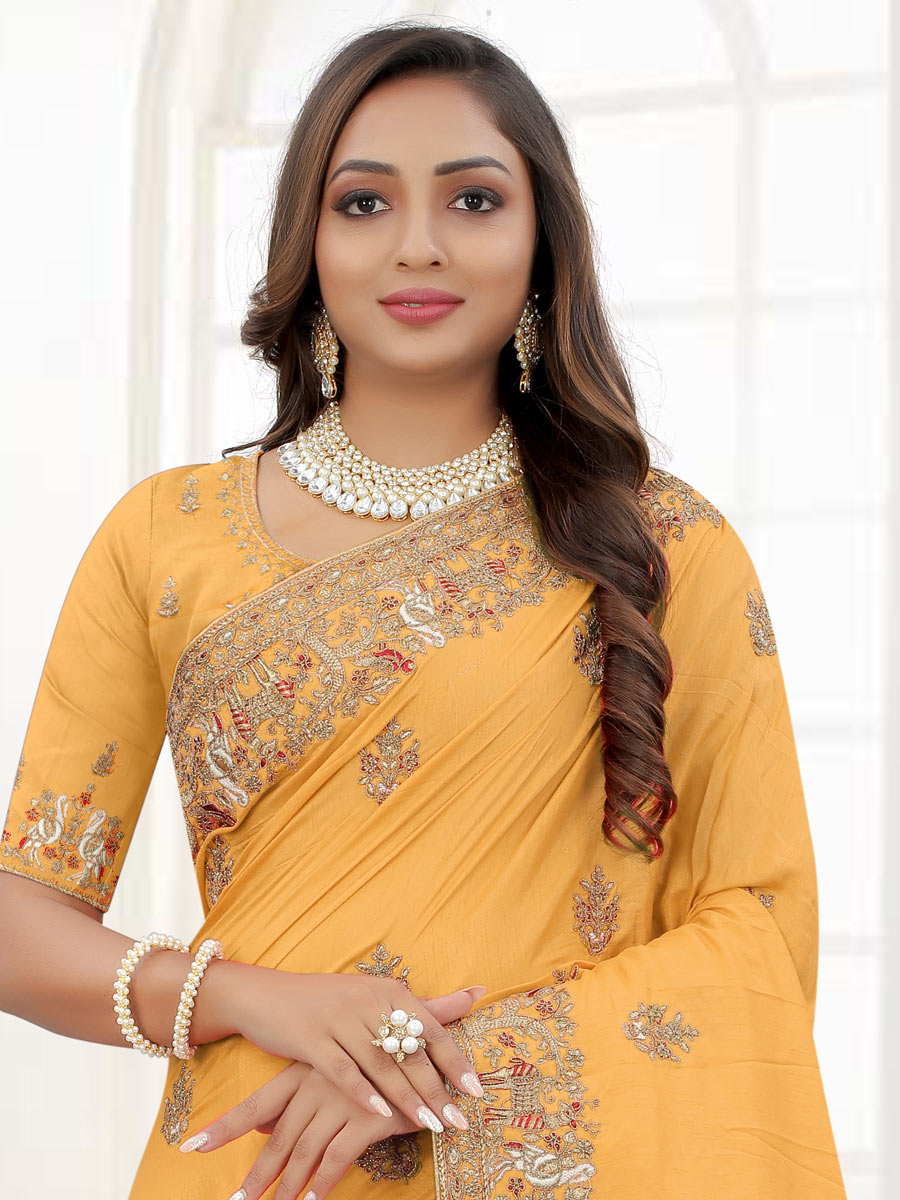 Saffron Yellow Dola Silk Embroidered Party Saree