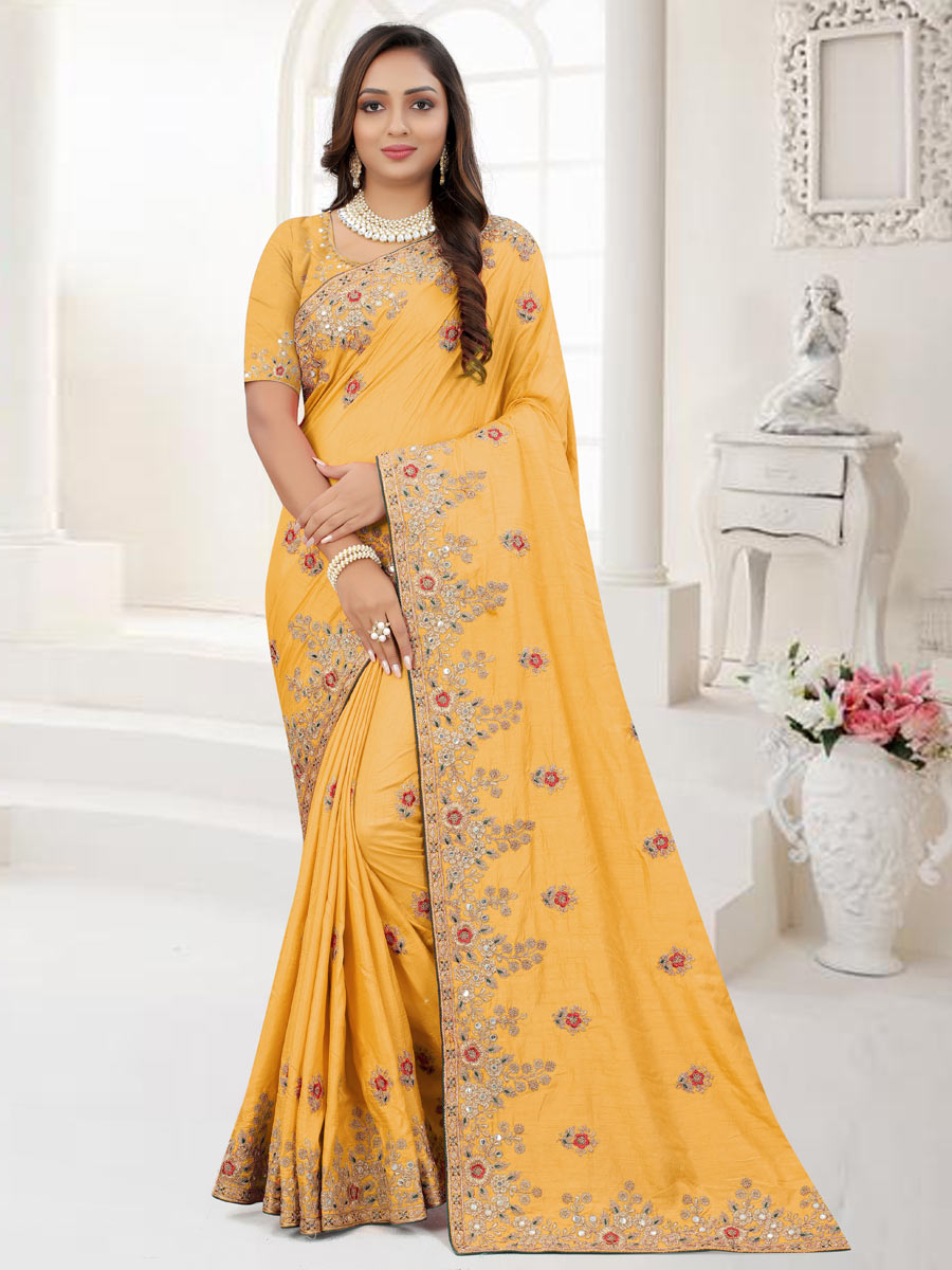 Saffron Yellow Dola Silk Embroidered Party Saree