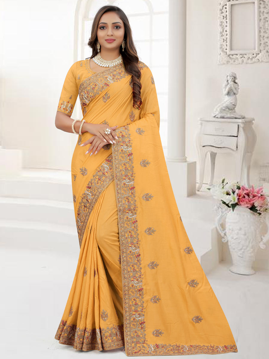 Saffron Yellow Dola Silk Embroidered Party Saree