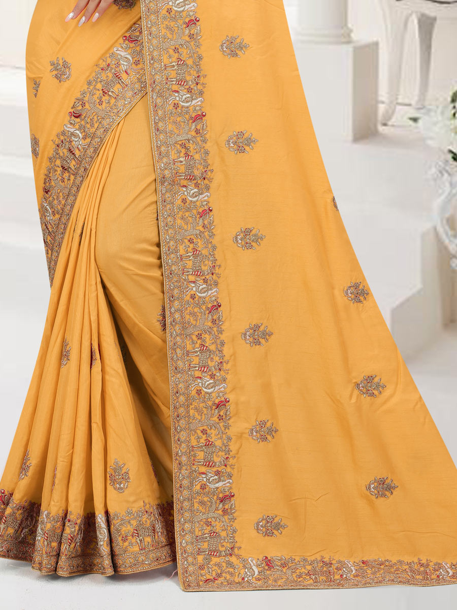 Saffron Yellow Dola Silk Embroidered Party Saree