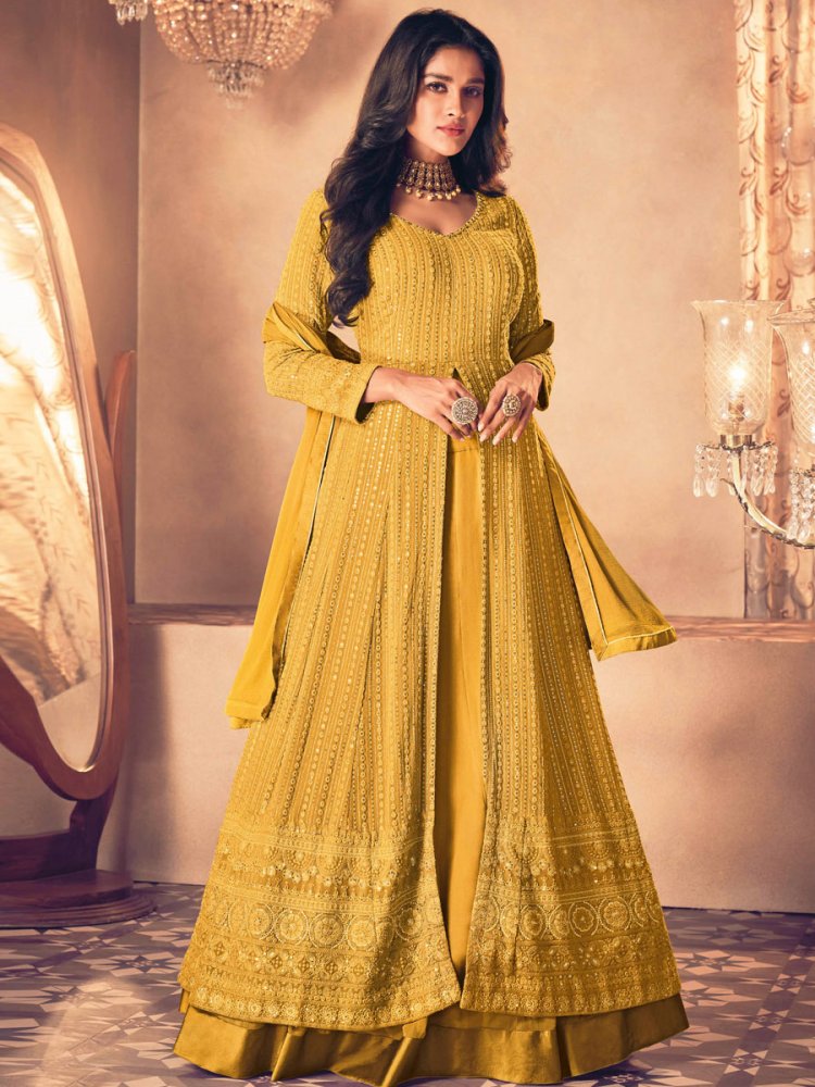 Saffron Yellow Faux Georgette Embroidered Party Lawn Kameez with Palazzo Pant