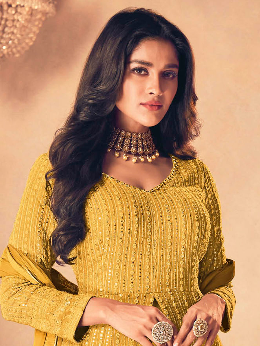 Saffron Yellow Faux Georgette Embroidered Party Lawn Kameez with Palazzo Pant
