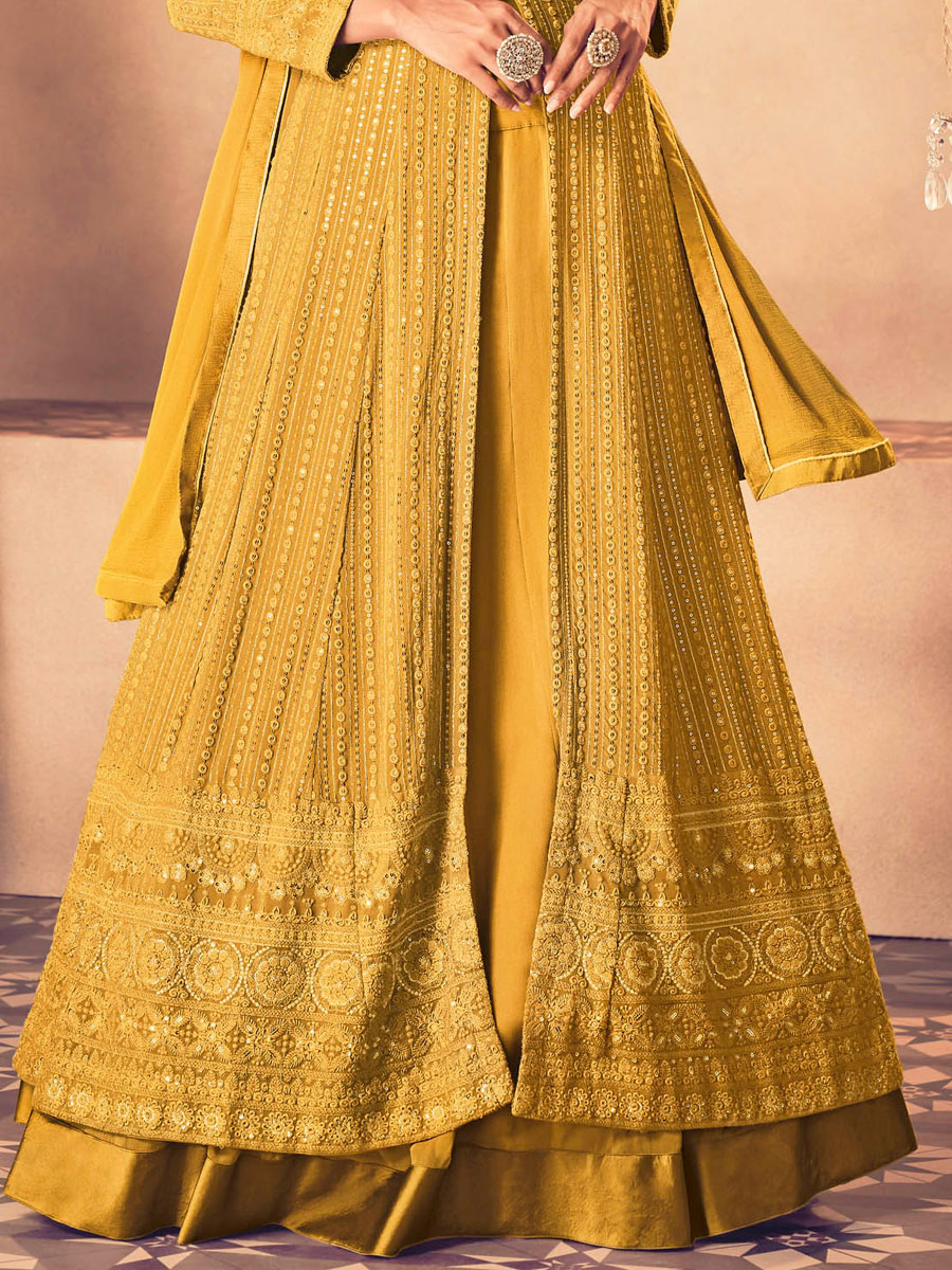 Saffron Yellow Faux Georgette Embroidered Party Lawn Kameez with Palazzo Pant