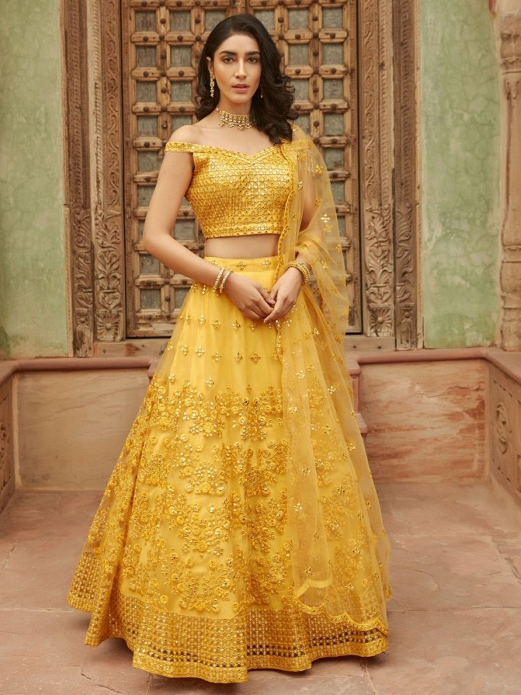 Saffron Yellow Organza Embroidered Party Lehenga Choli