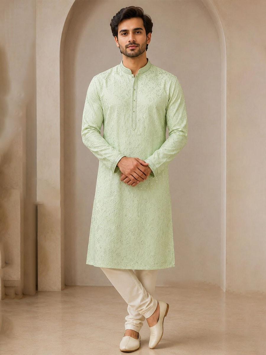 Sage Green Art Silk Embroidery Wedding Party Festival Casual Mens Wear Kurta