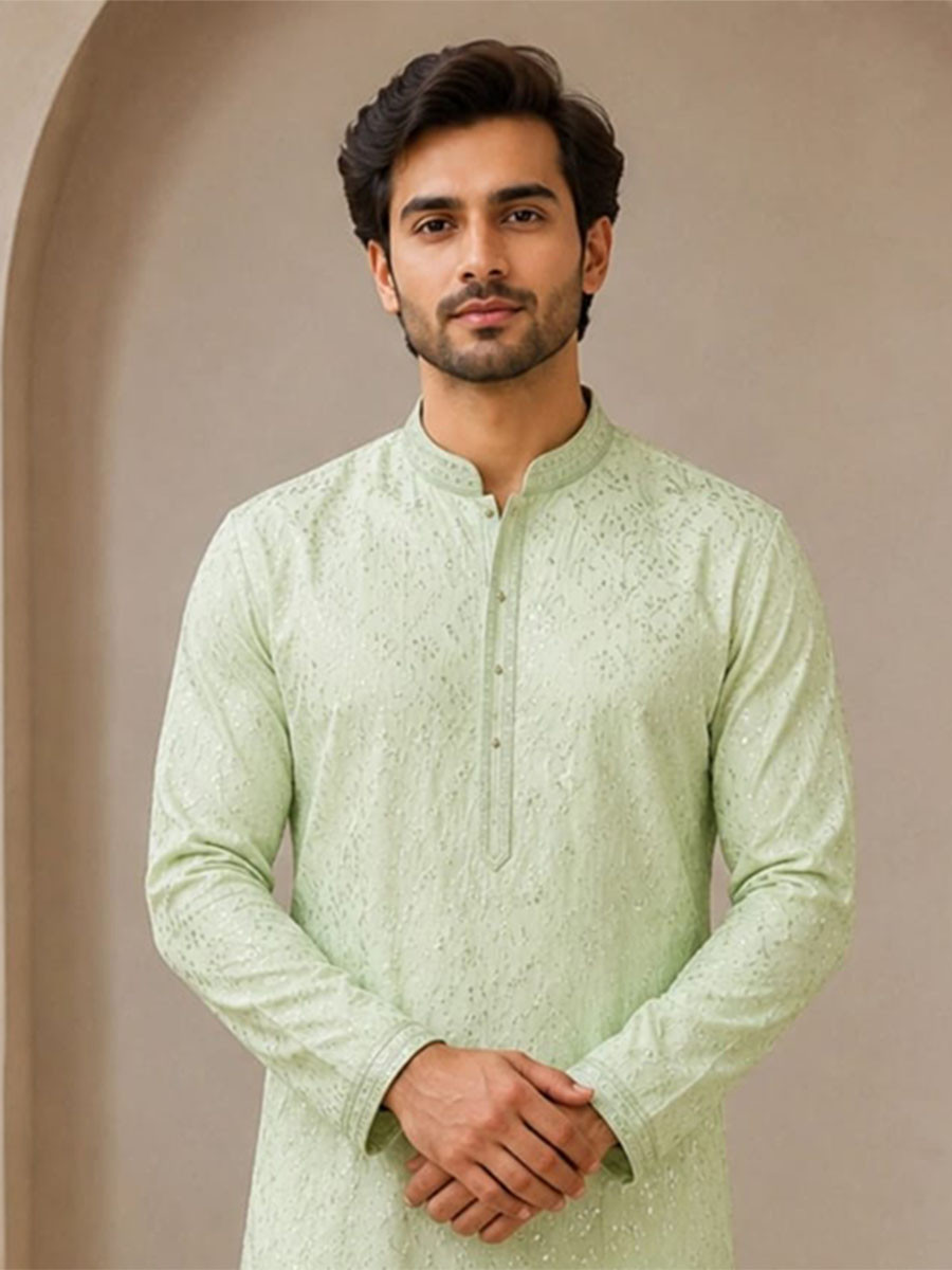 Sage Green Art Silk Embroidery Wedding Party Festival Casual Mens Wear Kurta