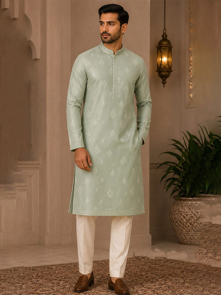 Sage Green Art Silk Embroidery Wedding Party Festival Casual Mens Wear Kurta
