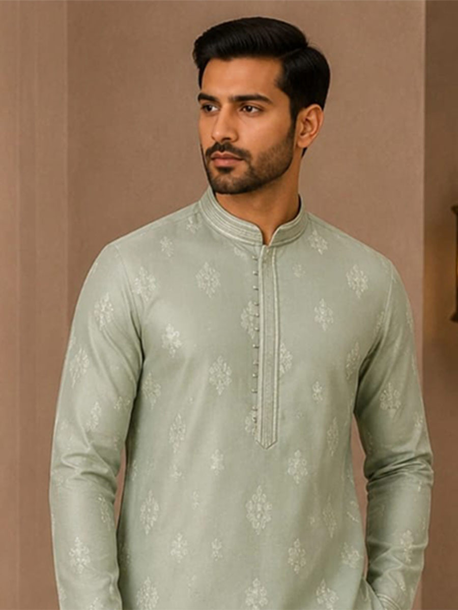Sage Green Art Silk Embroidery Wedding Party Festival Casual Mens Wear Kurta