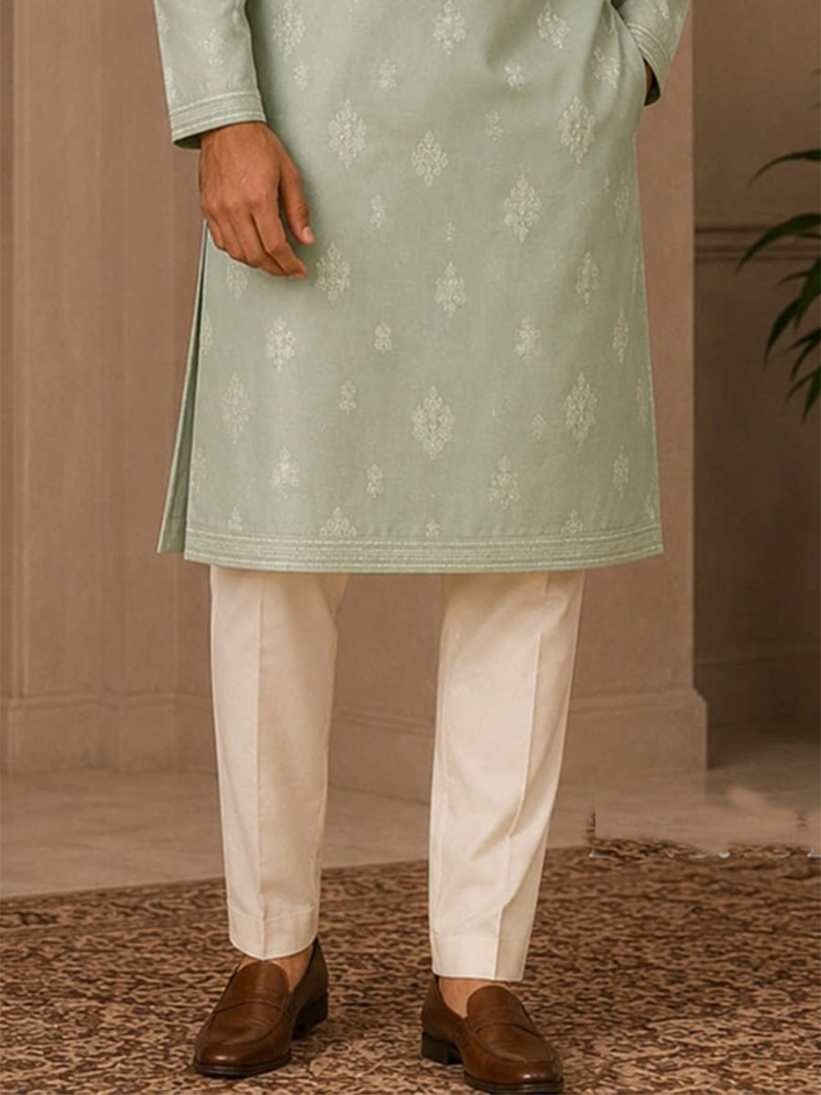 Sage Green Art Silk Embroidery Wedding Party Festival Casual Mens Wear Kurta