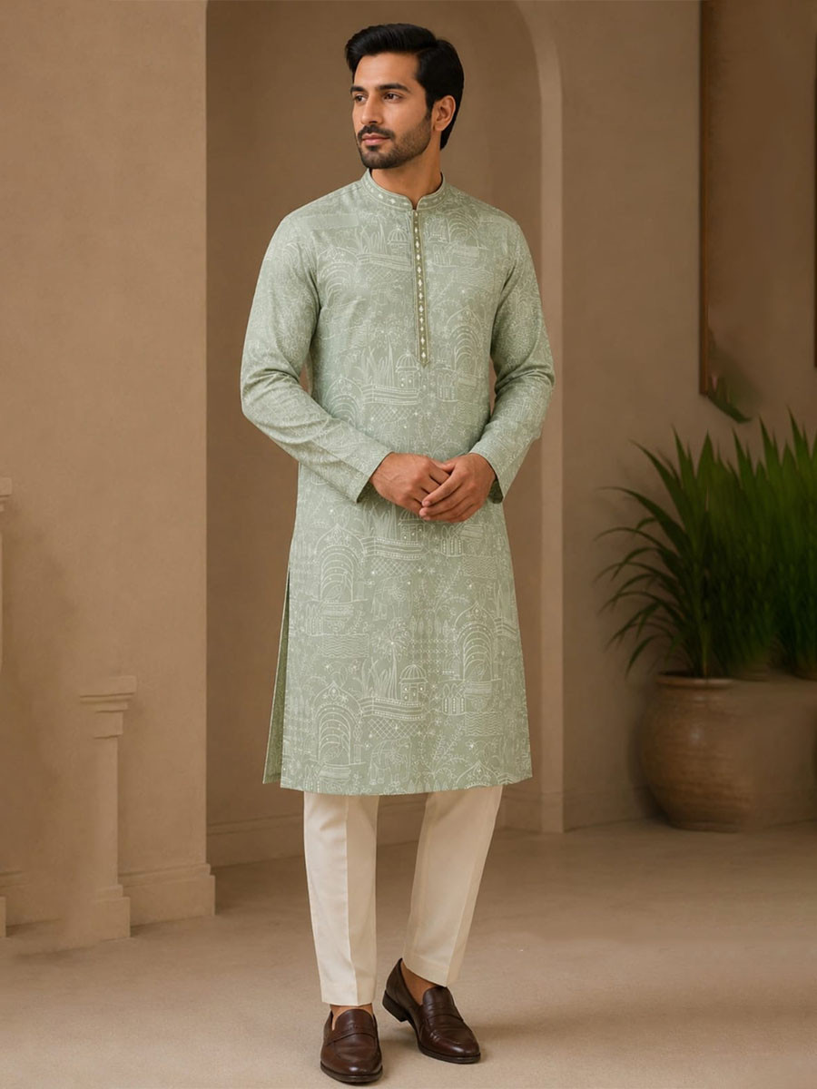 Sage Green Art Silk Embroidery Wedding Party Festival Casual Mens Wear Kurta