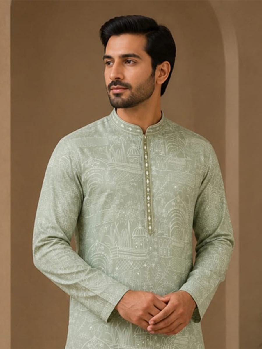 Sage Green Art Silk Embroidery Wedding Party Festival Casual Mens Wear Kurta
