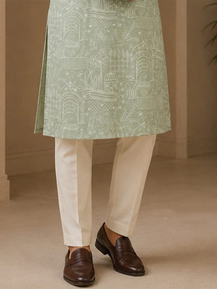 Sage Green Art Silk Embroidery Wedding Party Festival Casual Mens Wear Kurta