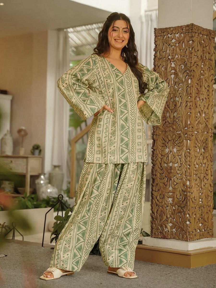 Sage Green Cambric cotton Floral Printed Party Festival Casual Ready Farsi Pant Salwar Kameez
