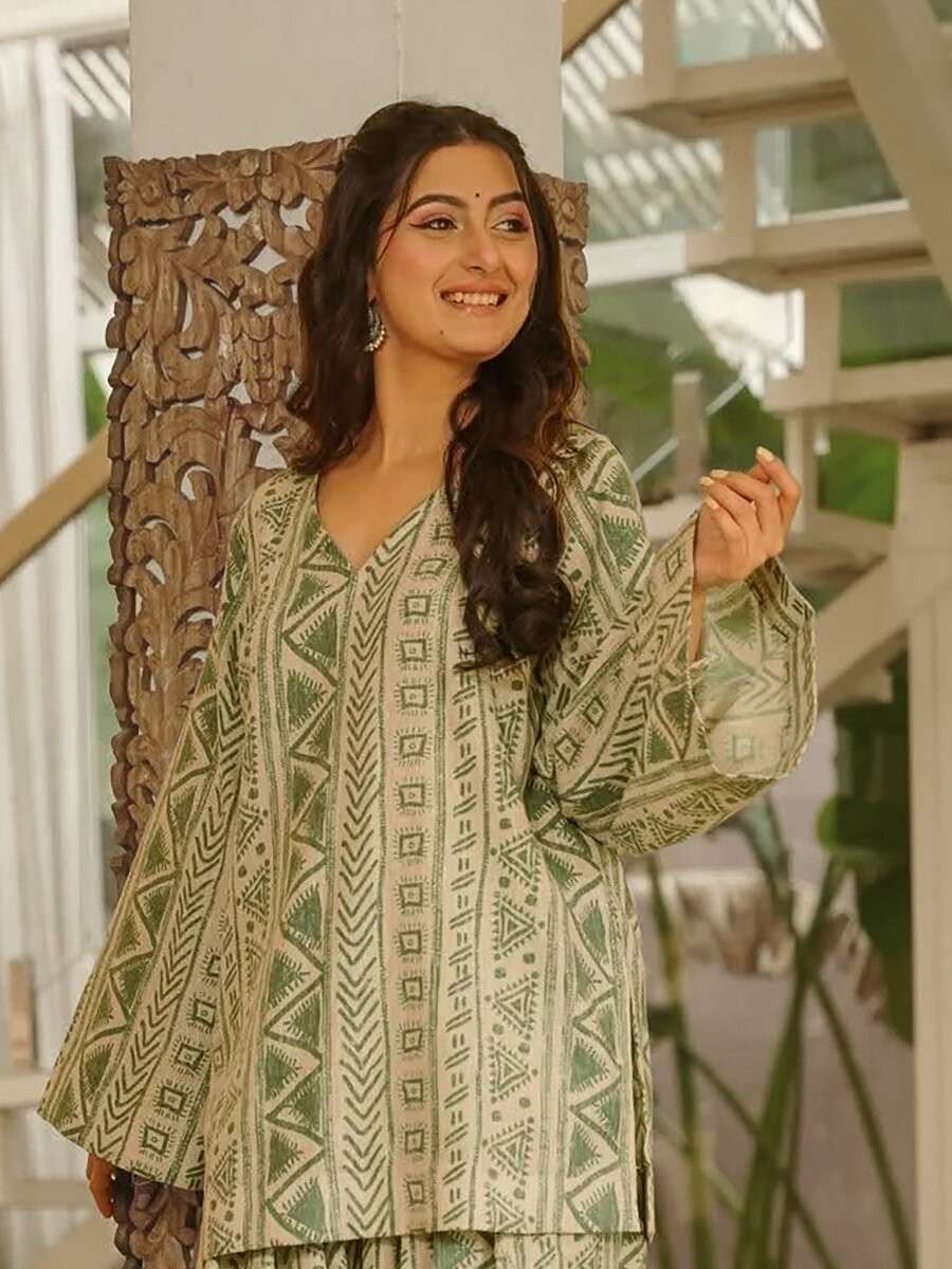 Sage Green Cambric cotton Floral Printed Party Festival Casual Ready Farsi Pant Salwar Kameez