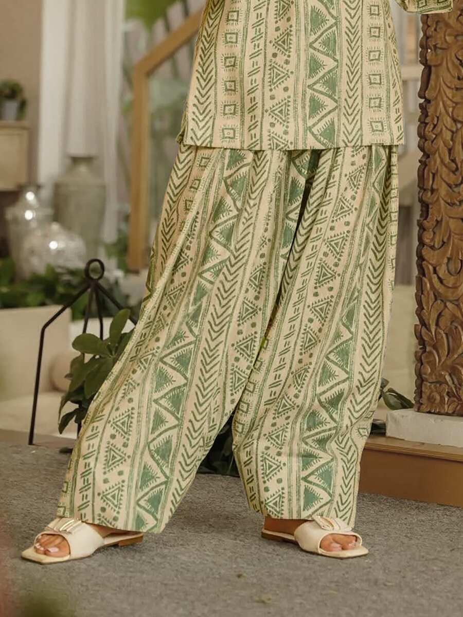 Sage Green Cambric cotton Floral Printed Party Festival Casual Ready Farsi Pant Salwar Kameez