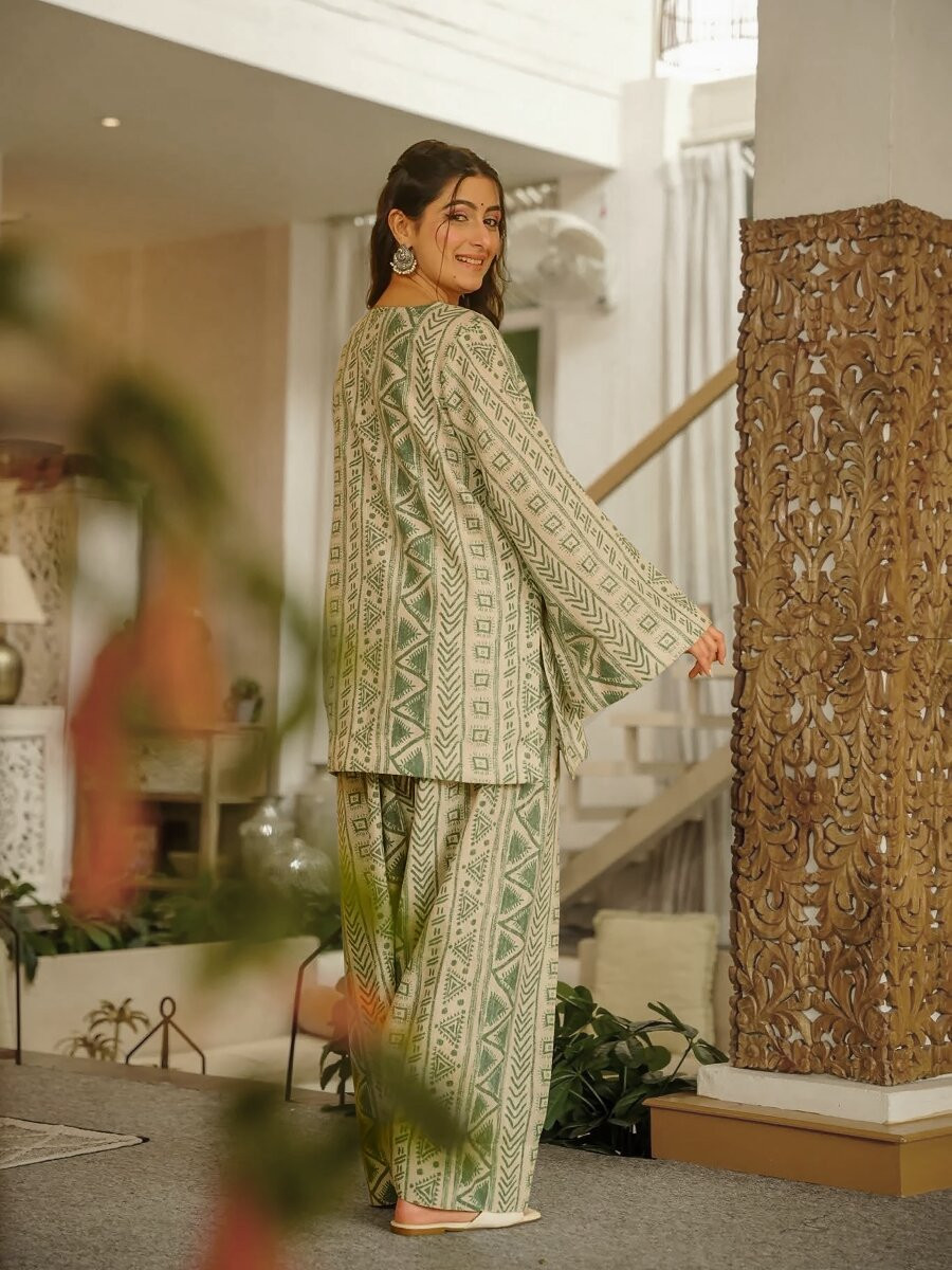 Sage Green Cambric cotton Floral Printed Party Festival Casual Ready Farsi Pant Salwar Kameez