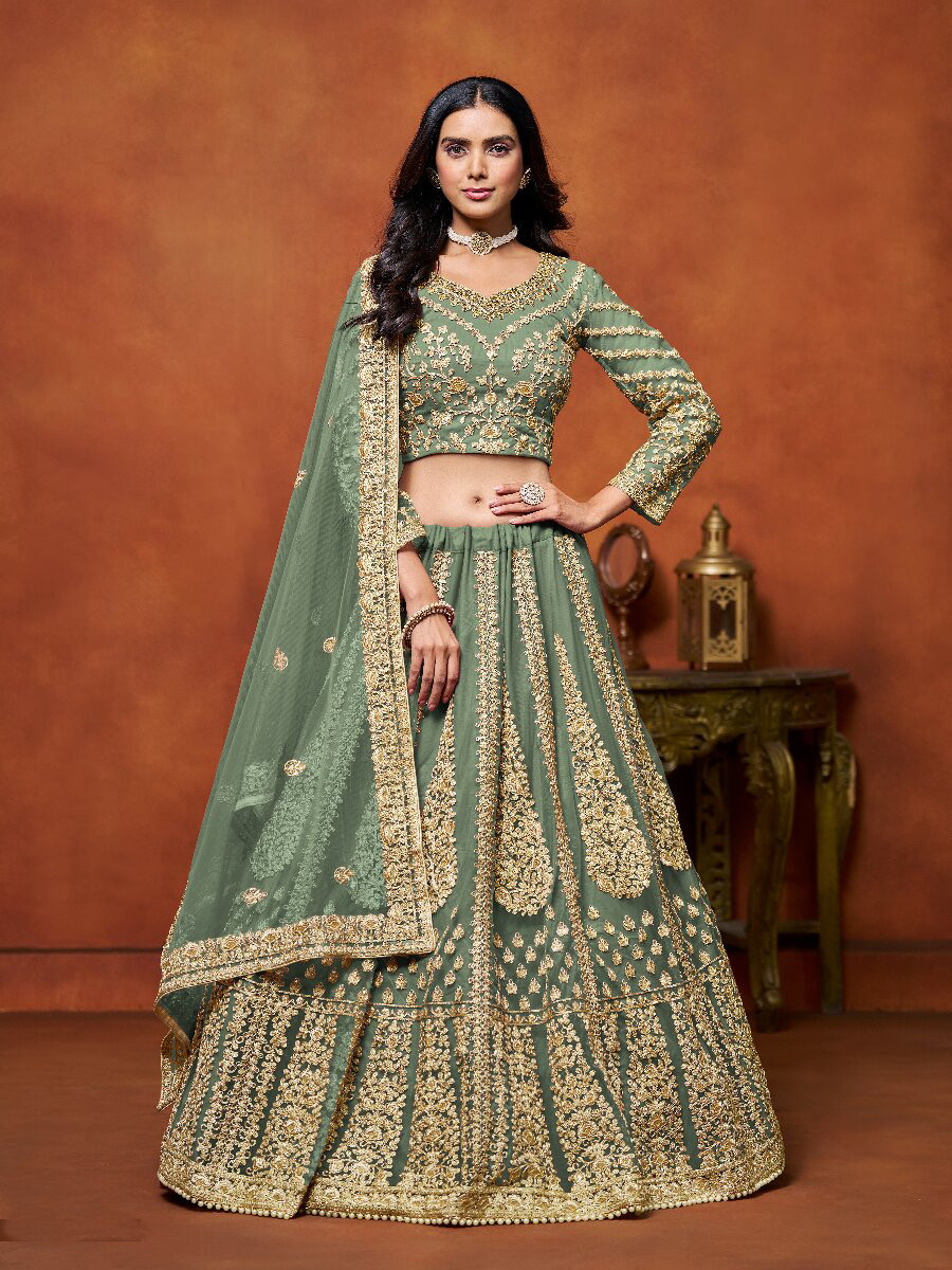 Sage Green Net Embroidery Zari Stone Work Wedding Reception Party Festival Heavy Border Lehenga Choli