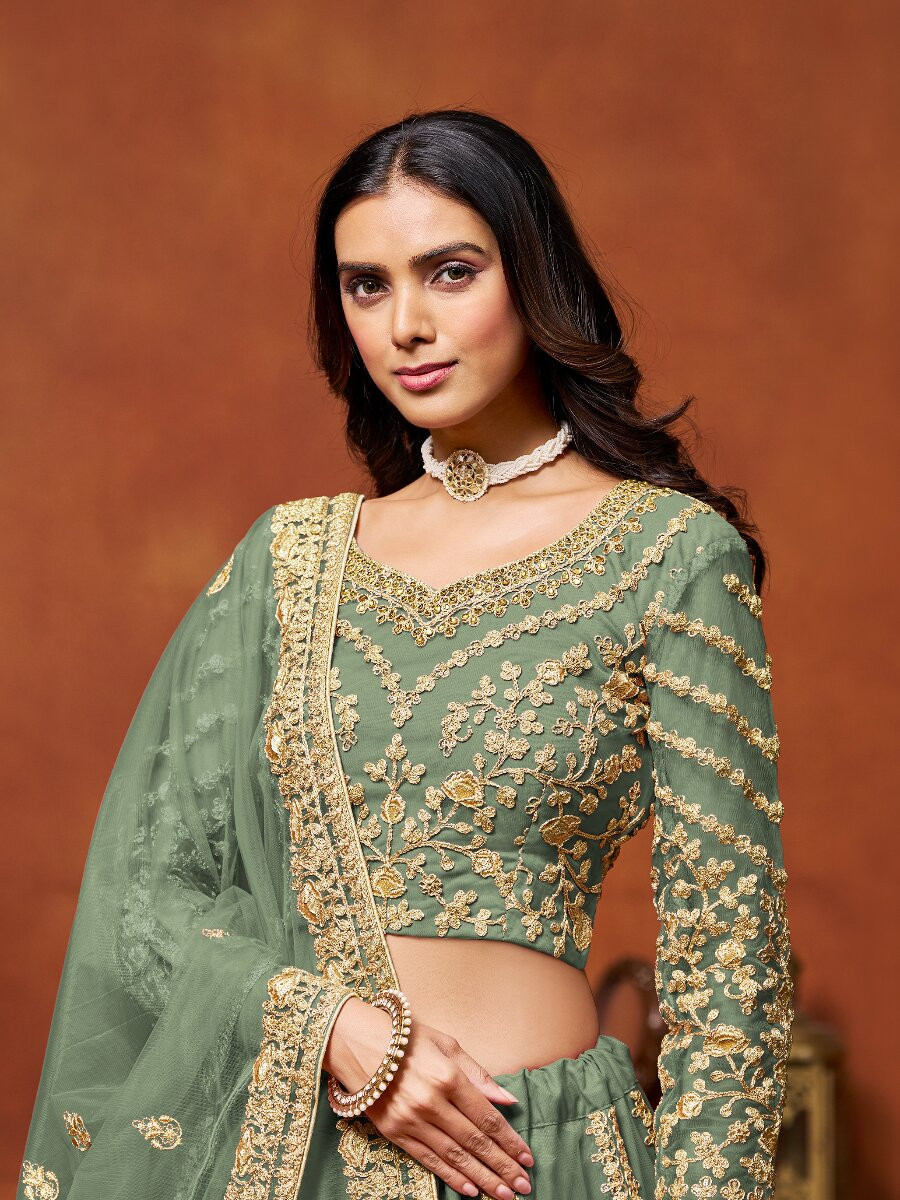 Sage Green Net Embroidery Zari Stone Work Wedding Reception Party Festival Heavy Border Lehenga Choli