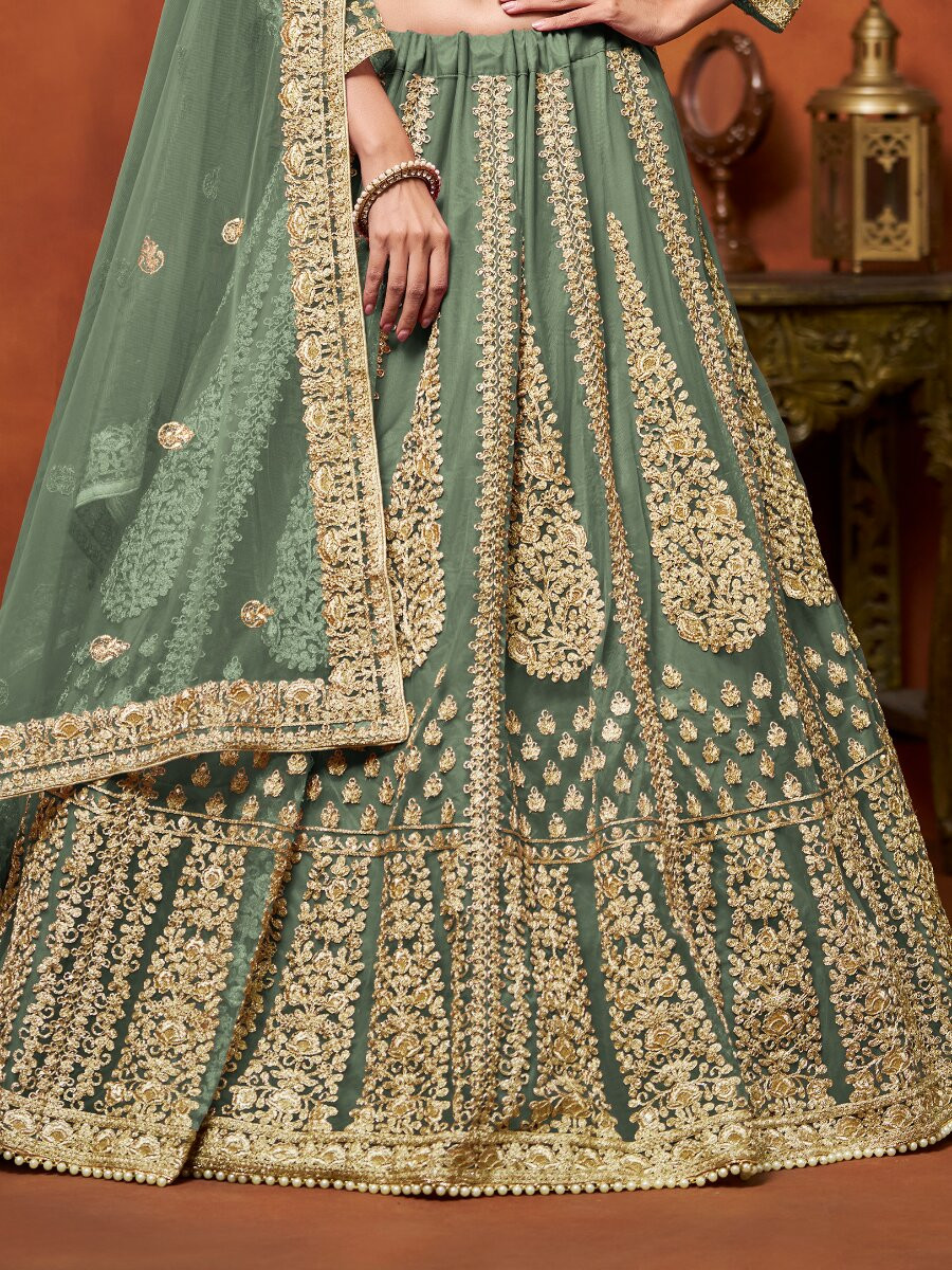 Sage Green Net Embroidery Zari Stone Work Wedding Reception Party Festival Heavy Border Lehenga Choli