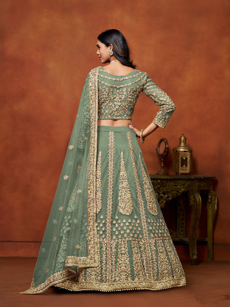 Sage Green Net Embroidery Zari Stone Work Wedding Reception Party Festival Heavy Border Lehenga Choli