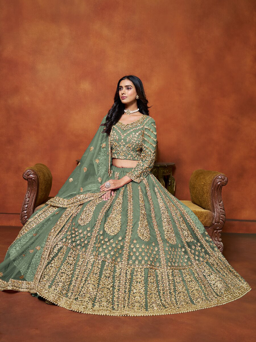 Sage Green Net Embroidery Zari Stone Work Wedding Reception Party Festival Heavy Border Lehenga Choli
