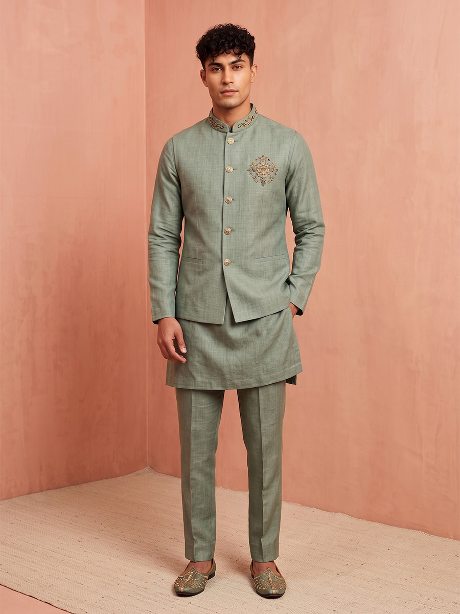 Sage Green Premium Linen Embroidery Festival Wedding Party Mens Kurta with Jacket