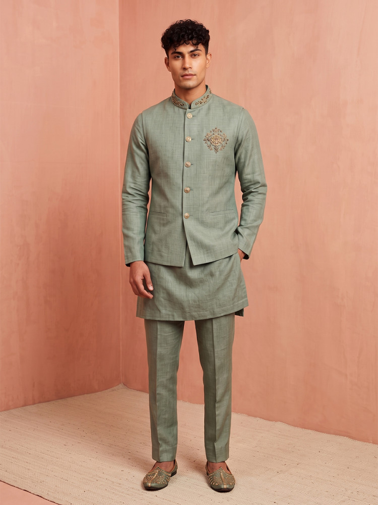 Image of Sage Green Premium Linen Embroidery Festival Wedding Party Mens Kurta with Jacket