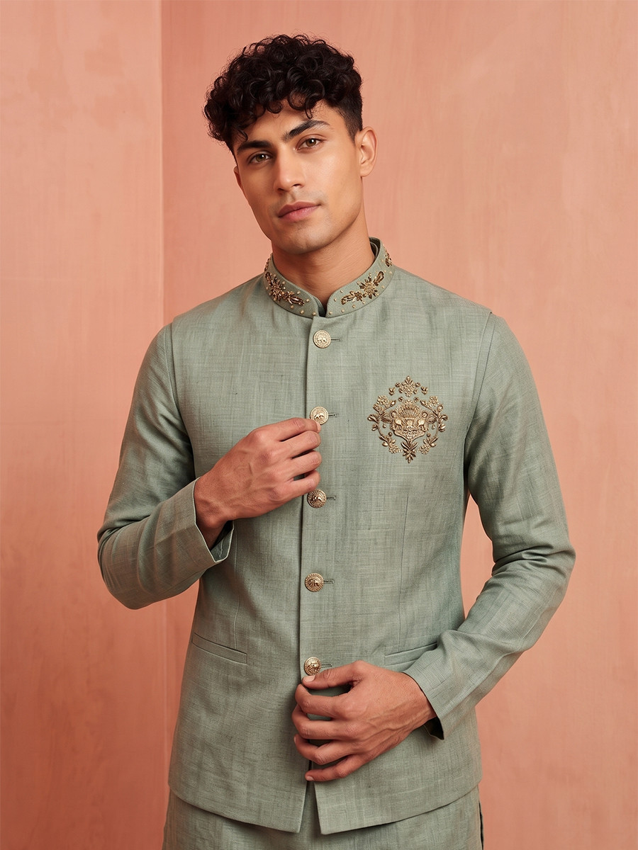 Sage Green Premium Linen Embroidery Festival Wedding Party Mens Kurta with Jacket