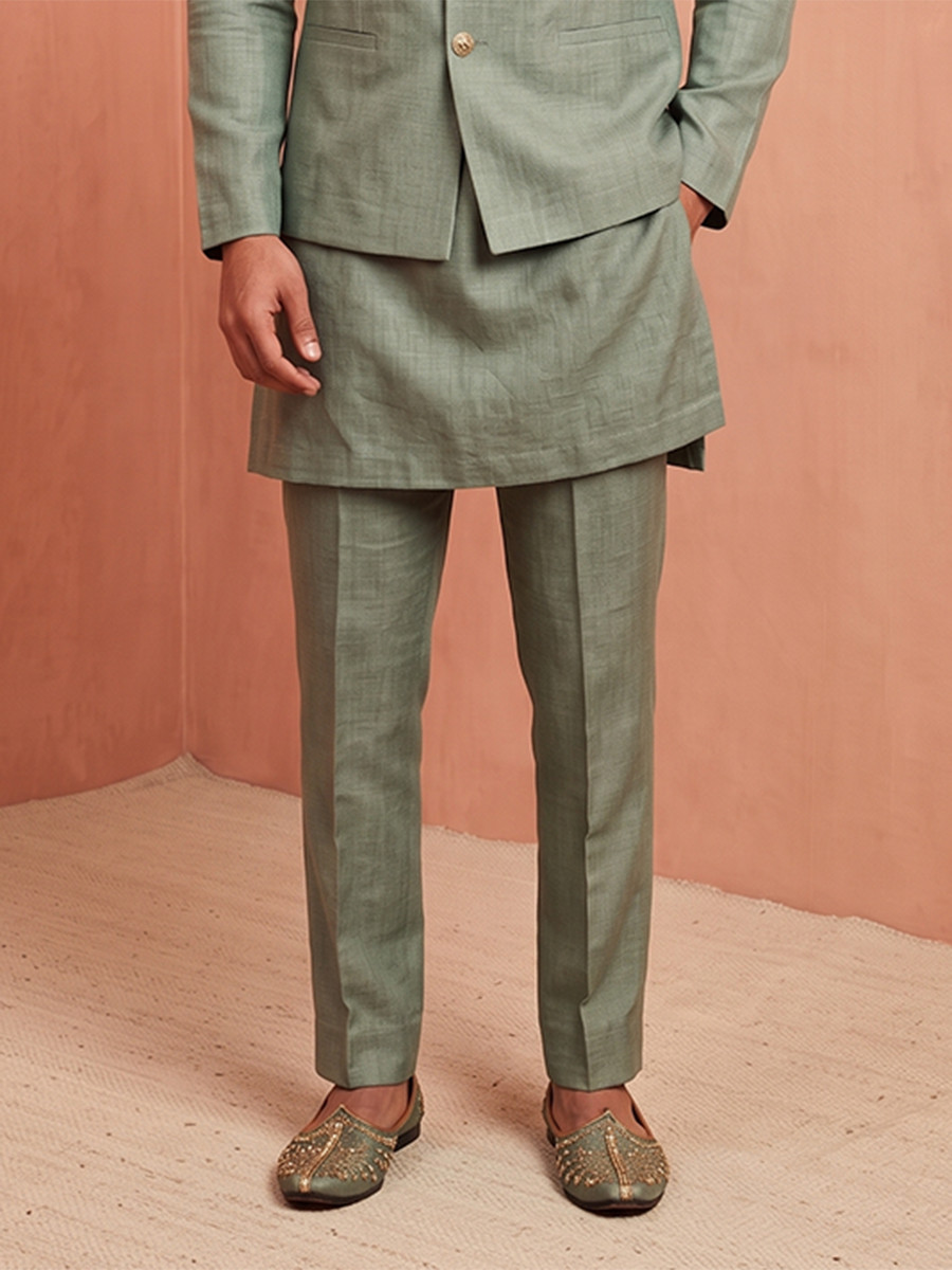 Sage Green Premium Linen Embroidery Festival Wedding Party Mens Kurta with Jacket