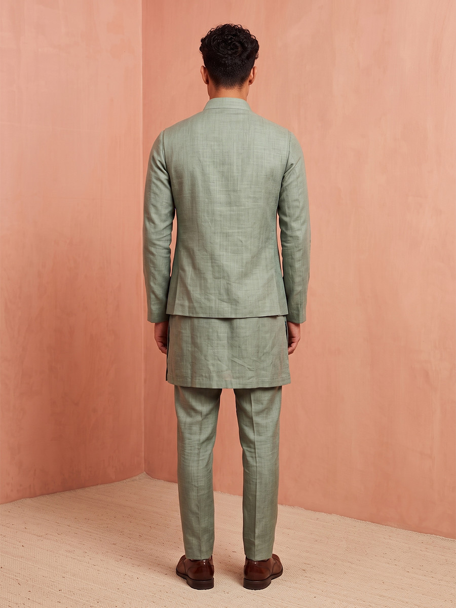 Sage Green Premium Linen Embroidery Festival Wedding Party Mens Kurta with Jacket