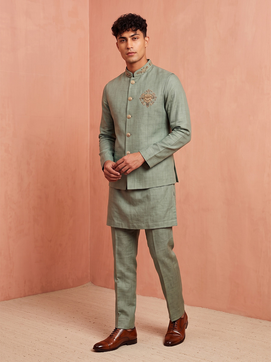 Sage Green Premium Linen Embroidery Festival Wedding Party Mens Kurta with Jacket