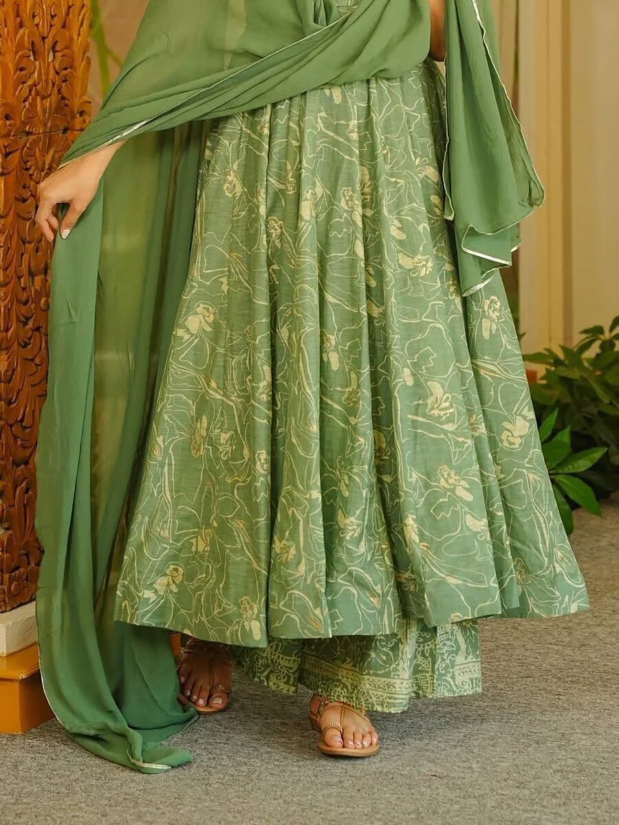 Sage Green Printed Wedding Party Festival Casual Ready Anarkali Palazzo Pant Salwar Kameez