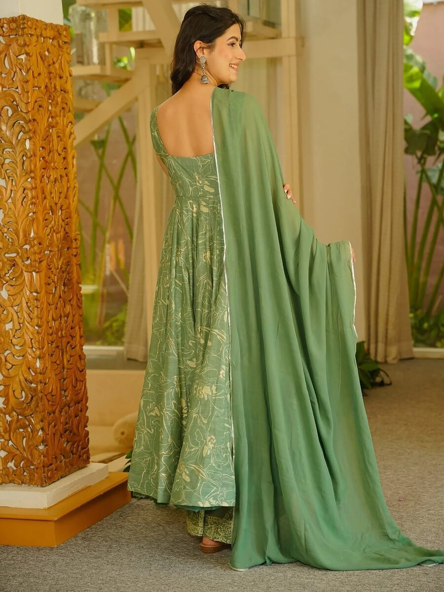 Sage Green Printed Wedding Party Festival Casual Ready Anarkali Palazzo Pant Salwar Kameez